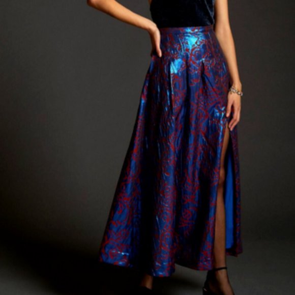 Anthropologie Maeve 4 NWT Pleated Shimmer Maxi Skirt Cocktail Metallic Blue